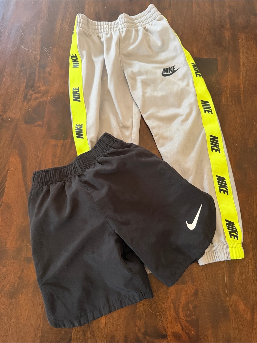 Nike Gray Track Pants with Neon Yellow Stripe & Black Shorts